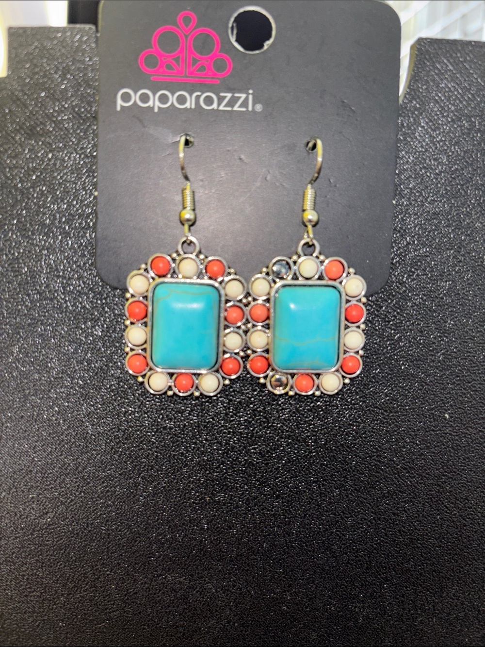Paparazzi Turquoise, Coral & Cream Square Drop Earrings